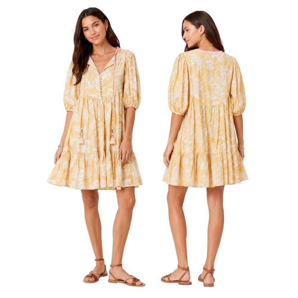Jade by Johnny Was Norette Tiered Mini Dress Sorrento Sunshine Yellow Sz S NWT